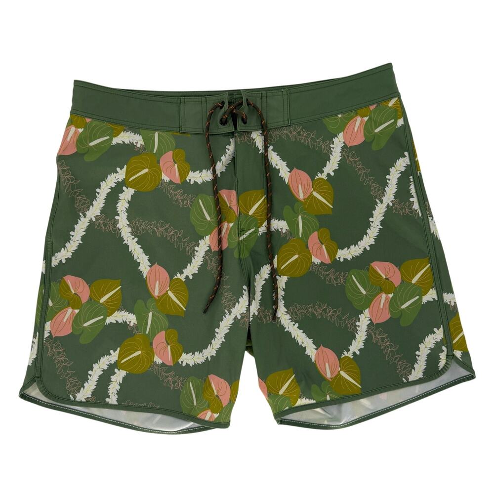Fighting Eel Board Shorts Size 34 Men's Green Floral‎ Designed in Hawaii